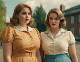 AI generated Retro image of two young women. AI generation photo