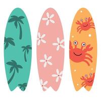 conjunto de vector tablas de surf en tropical diseño con palma árboles, flores y cangrejos, vector ilustración en plano estilo, tabla de surf clipart