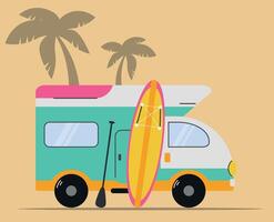 Vector illustration of summer fun while surfing, surf van, retro style, surfboard and palm trees in the background