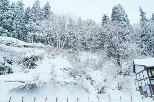 Beautiful view of Ginzan Onsen village with snow fall in winter season is most famous Japanese Hot Spring in Yamagata, Japan. photo