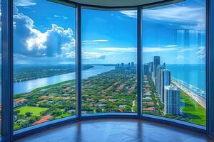 AI generated Panoramic showing of a seascape with blue sky above sunlights professional photography photo