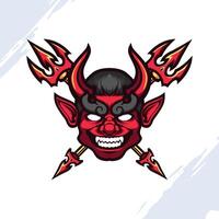 Red Horned Devil Head with Crossed Trident vector