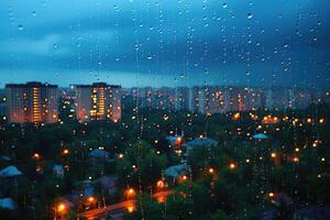 ai generado panorámico ventana demostración un ver de un noche hora ciudad iluminado arriba con luces y lluvioso profesional fotografía foto