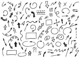 Set of arrows, frames and symbols. Hand drawn freehand vector doodle different curved lines, swirls, crosses, circles and check marks.