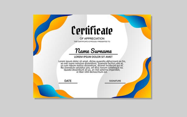 certificate template in orange and blue colors in abstract style.