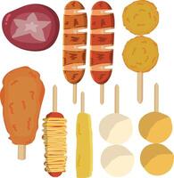 a set of different types of food on sticks vector