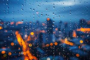 ai generado panorámico ventana demostración un ver de un noche hora ciudad iluminado arriba con luces y lluvioso profesional fotografía foto