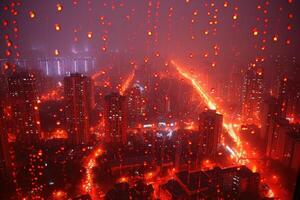 ai generado panorámico ventana demostración un ver de un noche hora ciudad iluminado arriba con luces y lluvioso profesional fotografía foto