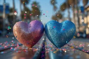 AI generated heart shaped confetti falling from a bright blue sky professional photography background photo