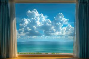 AI generated Panoramic showing of a seascape with blue sky above sunlights professional photography photo