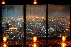 AI generated Panoramic window showing a view of a night time city lit up with lights and rainy professional photography photo