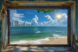 AI generated Panoramic showing of a seascape with blue sky above sunlights professional photography photo