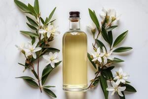 AI generated vanilla oil extract with isolated table professional photography photo