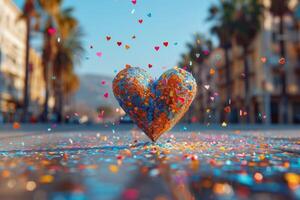 AI generated heart shaped confetti falling from a bright blue sky professional photography background photo