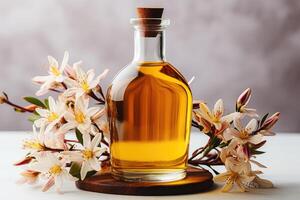 AI generated vanilla oil extract with isolated table professional photography photo