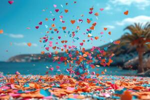 AI generated heart shaped confetti falling from a bright blue sky professional photography background photo