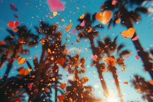 ai generado corazón conformado papel picado que cae desde un brillante azul cielo profesional fotografía antecedentes foto