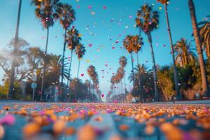 AI generated heart shaped confetti falling from a bright blue sky professional photography background photo