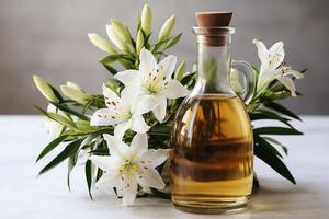 AI generated vanilla oil extract with isolated table professional photography photo