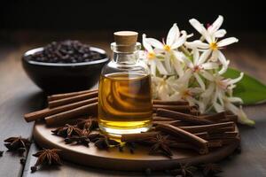 AI generated vanilla oil extract with isolated table professional photography photo