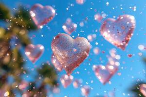 AI generated heart shaped confetti falling from a bright blue sky professional photography background photo