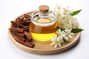 AI generated vanilla oil extract with isolated table professional photography photo