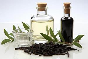 AI generated vanilla oil extract with isolated table professional photography photo