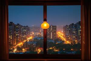 ai generado panorámico ventana demostración un ver de un noche hora ciudad iluminado arriba con luces y lluvioso profesional fotografía foto