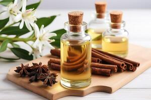 AI generated vanilla oil extract with isolated table professional photography photo