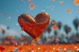 AI generated heart shaped confetti falling from a bright blue sky professional photography background photo