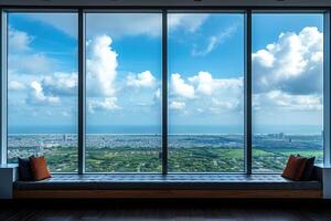 AI generated Panoramic showing of a seascape with blue sky above sunlights professional photography photo