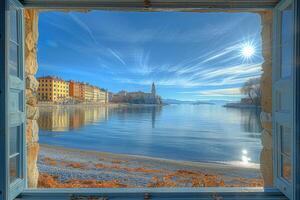 AI generated Panoramic showing of a seascape with blue sky above sunlights professional photography photo