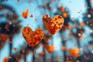 AI generated heart shaped confetti falling from a bright blue sky professional photography background photo