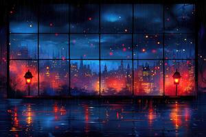 AI generated Panoramic window showing a view of a night time city lit up with lights and rainy professional photography photo