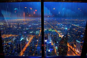 AI generated Panoramic window showing a view of a night time city lit up with lights and rainy professional photography photo
