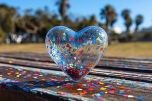 AI generated heart shaped confetti falling from a bright blue sky professional photography background photo