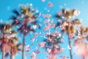 AI generated heart shaped confetti falling from a bright blue sky professional photography background photo