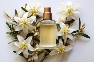 AI generated vanilla oil extract with isolated table professional photography photo