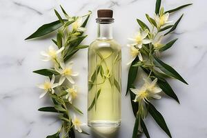 AI generated vanilla oil extract with isolated table professional photography photo