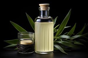 AI generated vanilla oil extract with isolated table professional photography photo