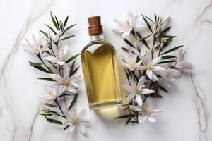 AI generated vanilla oil extract with isolated table professional photography photo