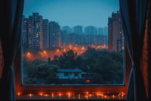 ai generado panorámico ventana demostración un ver de un noche hora ciudad iluminado arriba con luces y lluvioso profesional fotografía foto