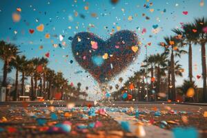 AI generated heart shaped confetti falling from a bright blue sky professional photography background photo