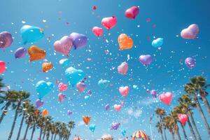 AI generated heart shaped confetti falling from a bright blue sky professional photography background photo