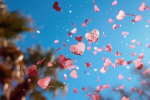 AI generated heart shaped confetti falling from a bright blue sky professional photography background photo