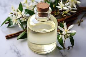 AI generated vanilla oil extract with isolated table professional photography photo