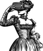 AI generated woman playing virtual reality headset in old engraving style art vector
