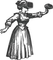 AI generated woman playing virtual reality headset in old engraving style art vector