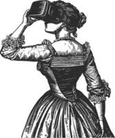 AI generated woman playing virtual reality headset in old engraving style art vector