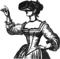 AI generated woman playing virtual reality headset in old engraving style art vector